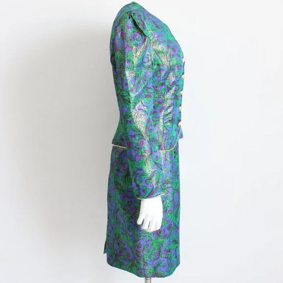 Lillie Rubin Jacket Skirt Suit 2pc Silk Jacquard Abstract Metallic Vintage - Picture 4 of 9